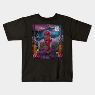 AI generated red striped seahorse in graveyard Kids T-Shirt